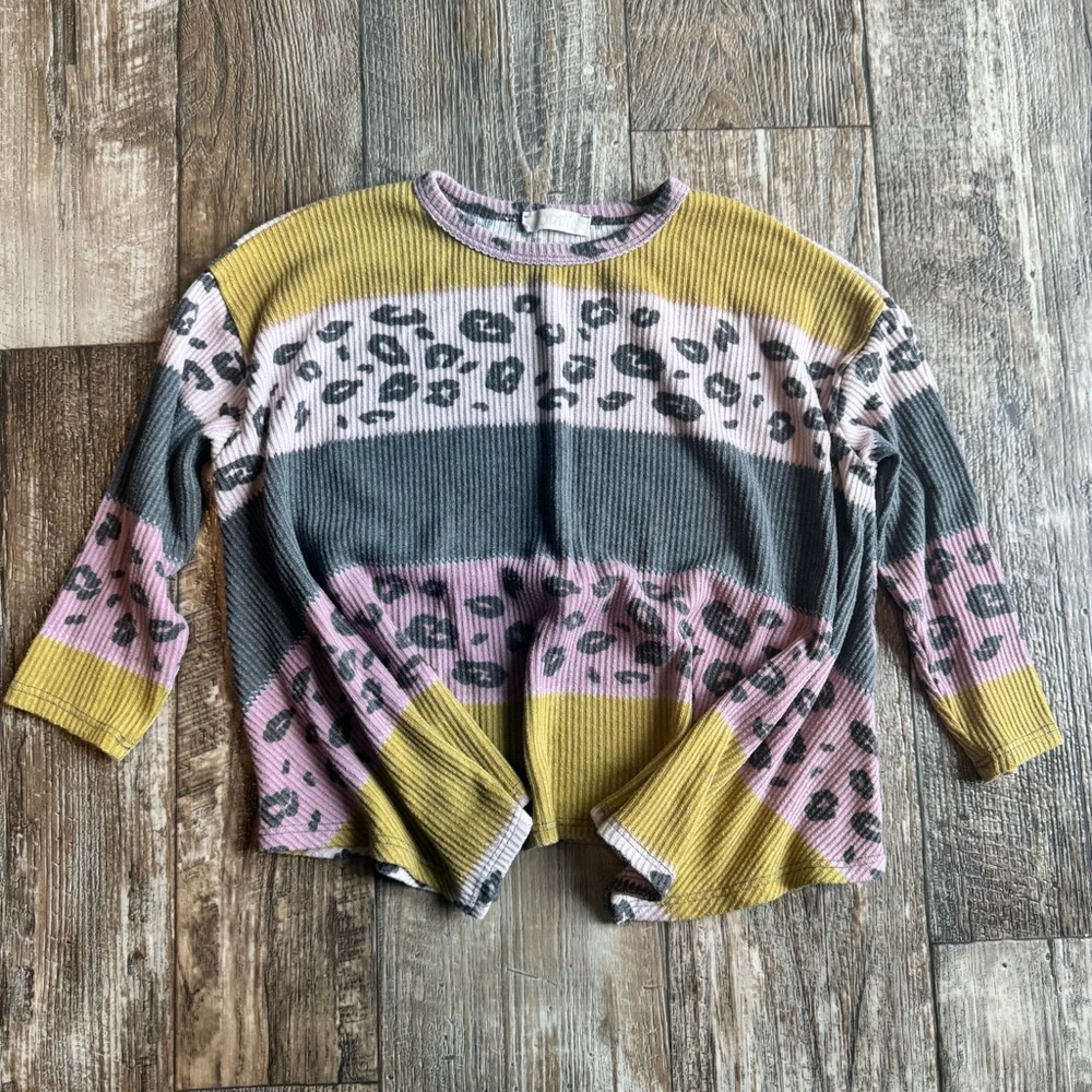 ODDY Girls Size 6 Medium Oversized Cropped Flowy Waffle Knit Top - Color Block